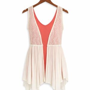 Pinkish Orange Top w Cream Lace Vest Top Size S